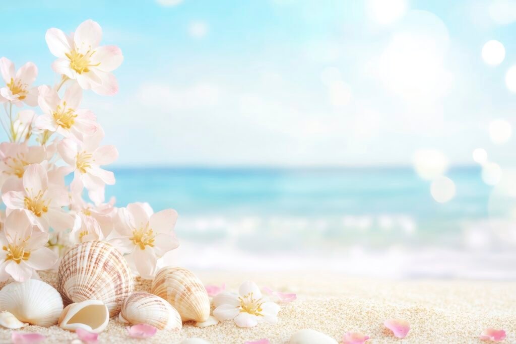 A beautiful summer background with sand, seashells, and flowers on the beach, a blue sky, and the sea in the distance