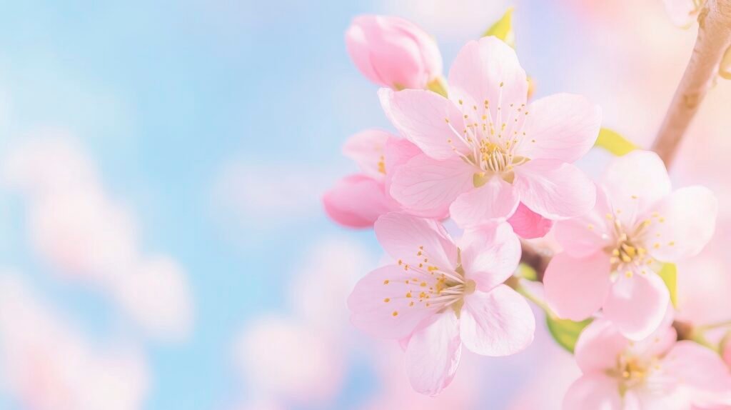 A blooming peach tree full of pink flower, blur sky background on sunny day