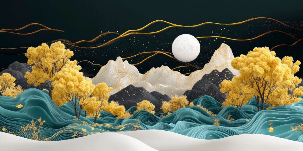 landscape with yellow trees, mountains, and clouds against a black background with golden lines, a white moon