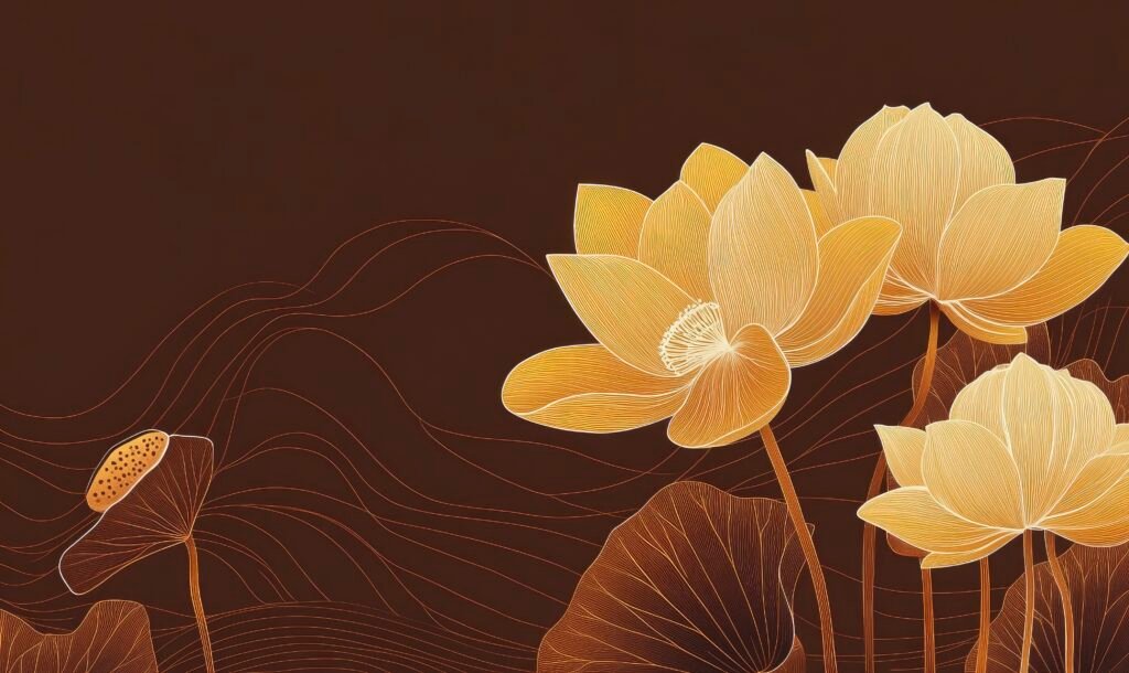 Abstract art, golden lotus flowers and leaves, brown background.