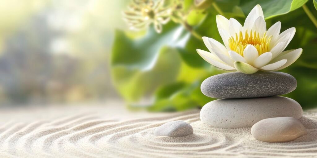 stone, white lotus with leaf on raked sand, tranquil zen garden concept